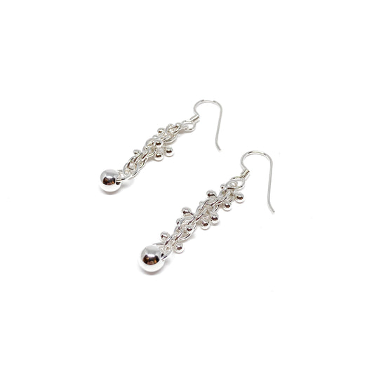 Baby Barbell Dangle Earrings with silver balls and chain links, featuring hook ear wires.