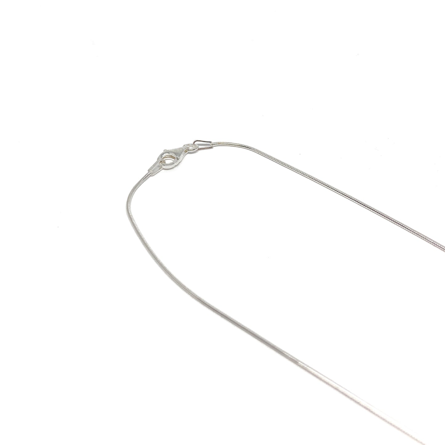 A close-up of a silver necklace clasp and chain. The delicate chain is thin and reflective.