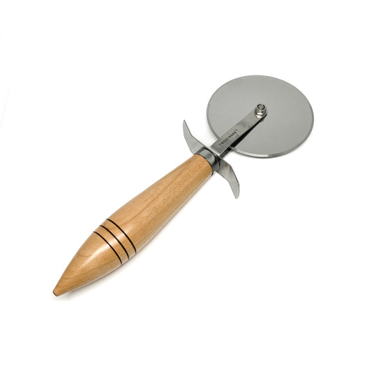 Wooden handled pizza cutter with metal blade, unique handle shape.
