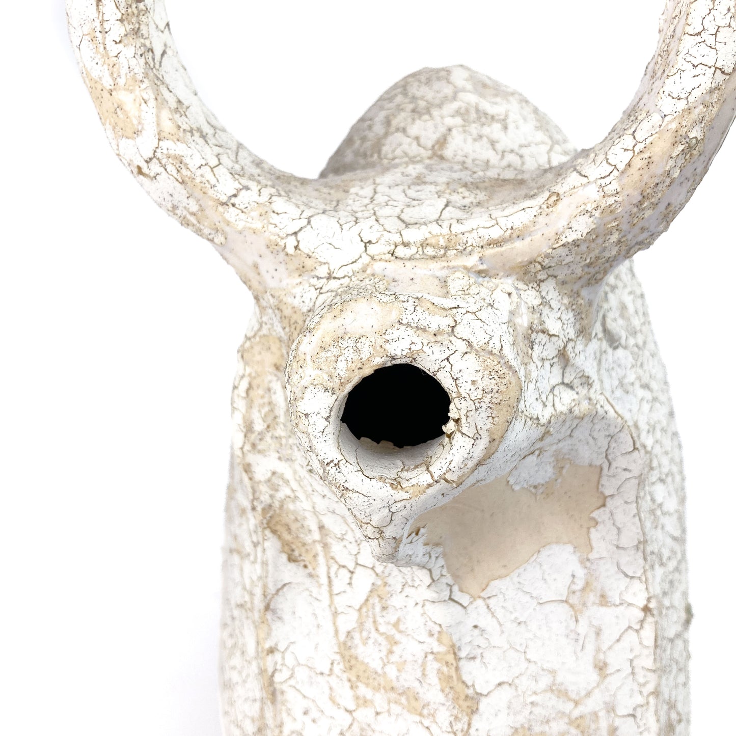 Extreme close-up of a textured ceramic bull figurine's snout with a hollow opening and crackled glaze.