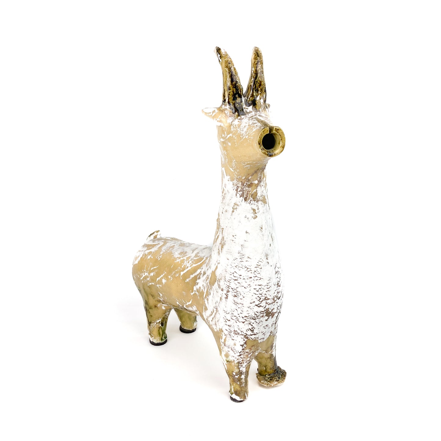 A textured ceramic Long Neck Bull sculpture with a long neck, tall curved horns, and a distressed light-toned glaze with white accents.