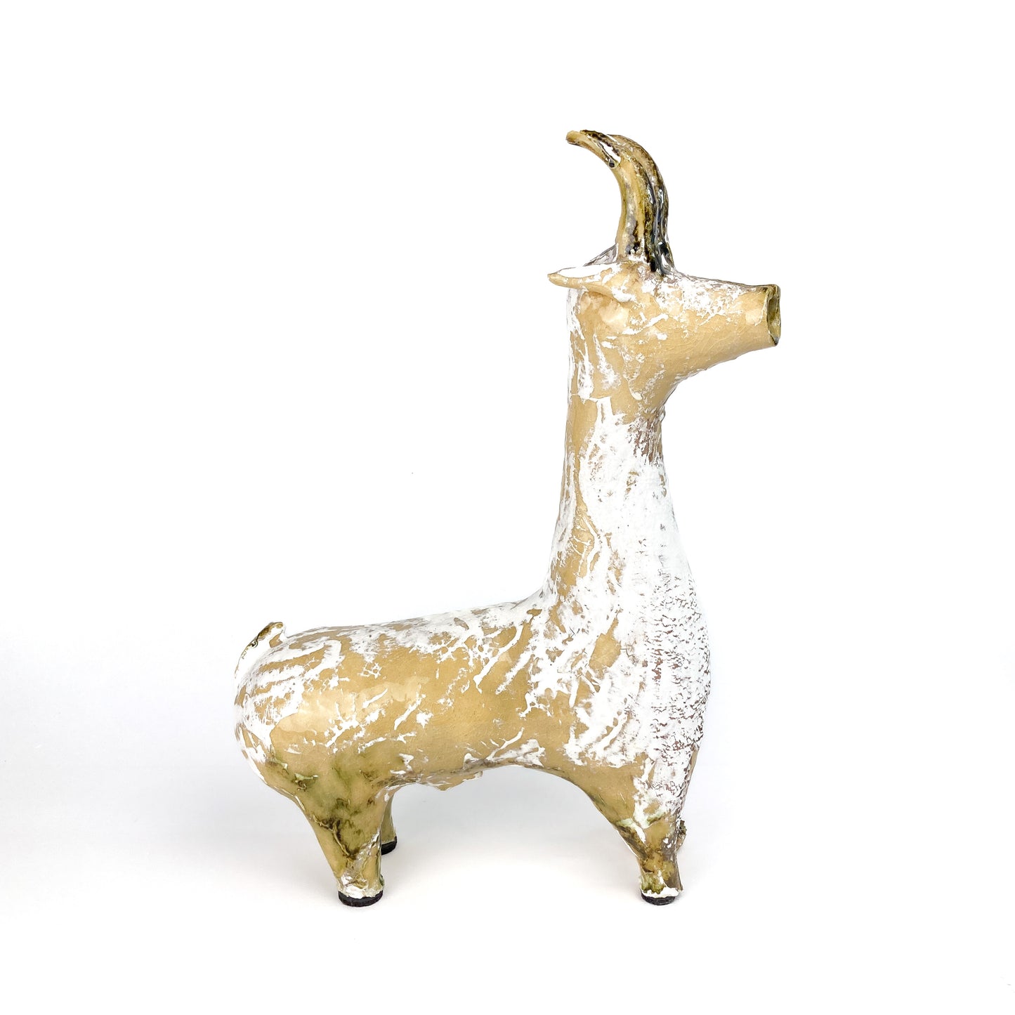 A textured ceramic Long Neck Bull sculpture with a curved horn and a distressed, light-toned glaze with white accents.