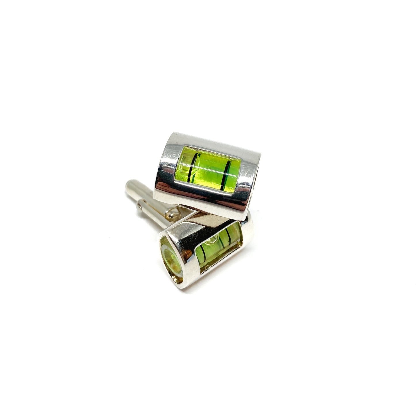 A pair of silver-toned MRCUFF Level Green Liquid Construction Cufflinks featuring miniature spirit levels with vibrant green liquid and air bubbles.