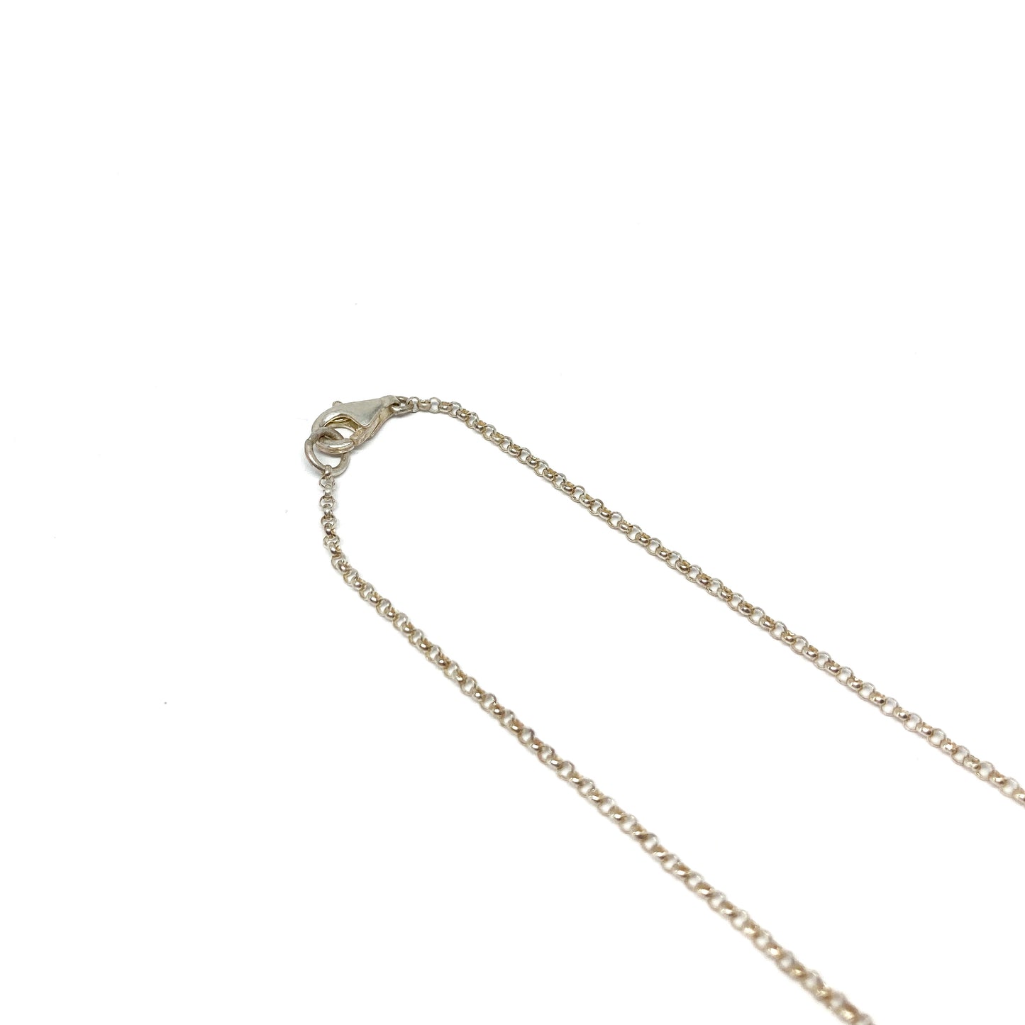 A close-up shows the clasp and delicate chain of a silver necklace.