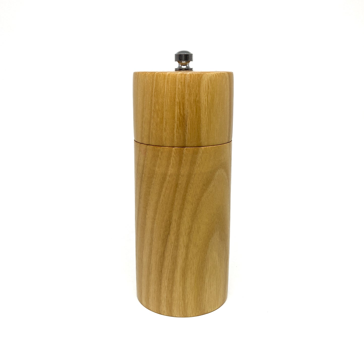 A Danish Black Locust Pepper Grinder stands upright, showcasing its full height and a metallic top adjustment knob.