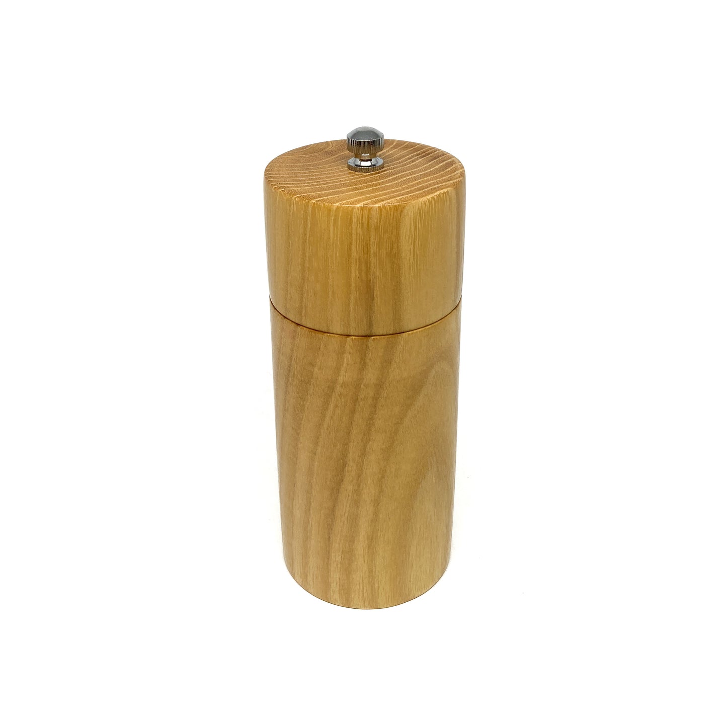A Danish Black Locust Pepper Grinder is angled slightly from above, highlighting its rounded top and metallic adjustment knob.
