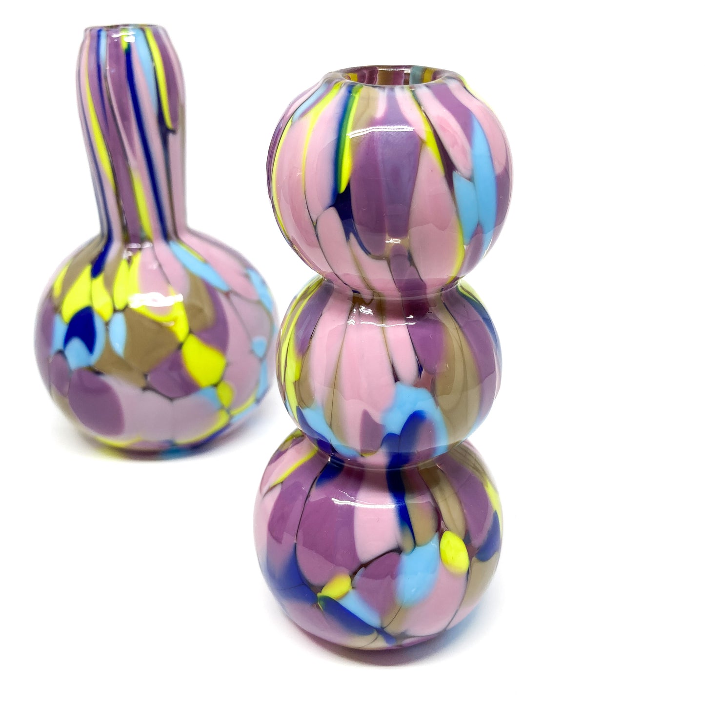 Close-up of two Slumber Party Mini Vases emphasizing glossy finish and playful forms.