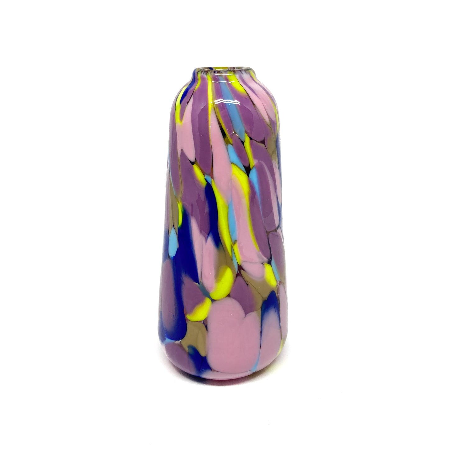Tall Slumber Party Mini Vase with a narrow top and flowing multicolor design.