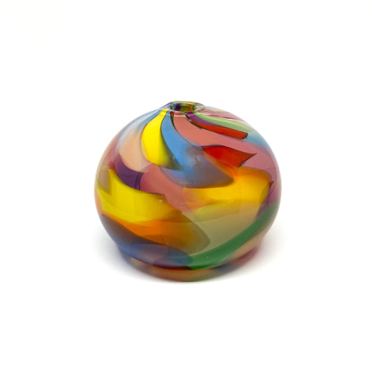 Rainbow Watercolour Round Vase with a smooth, bulbous shape and swirling glass design.