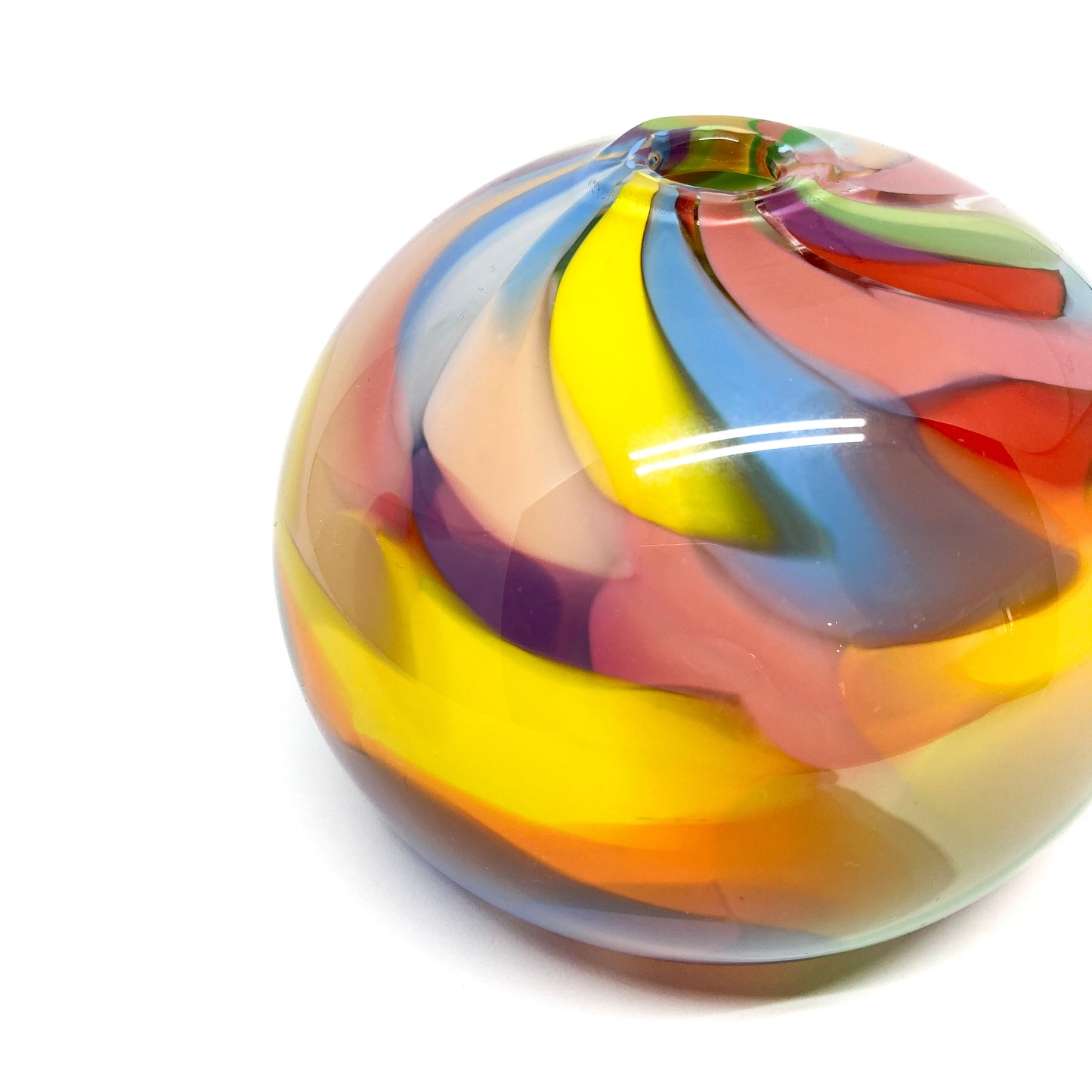 Close-up of Rainbow Watercolour Round Vase highlighting vivid, blended glass swirls.