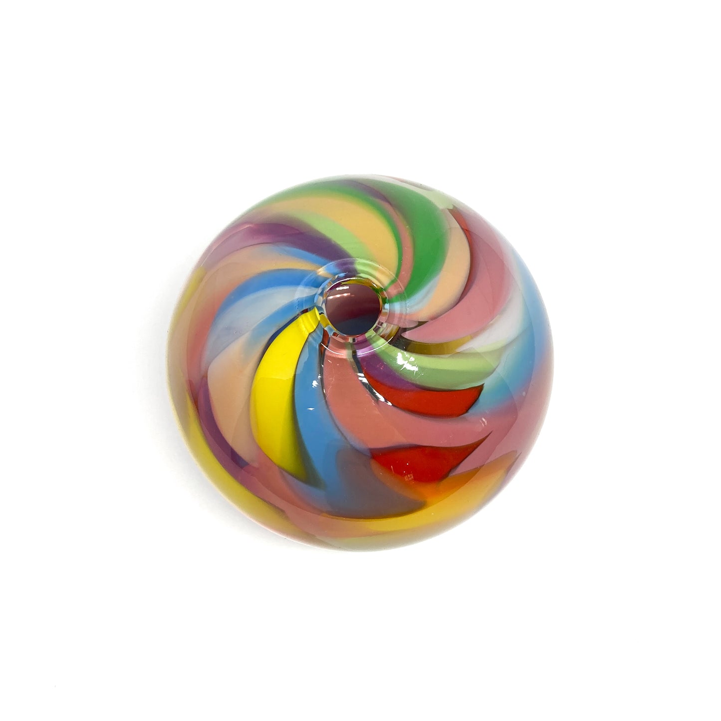 Top view of the Rainbow Watercolour Round Vase showcasing spiral-like color pattern.