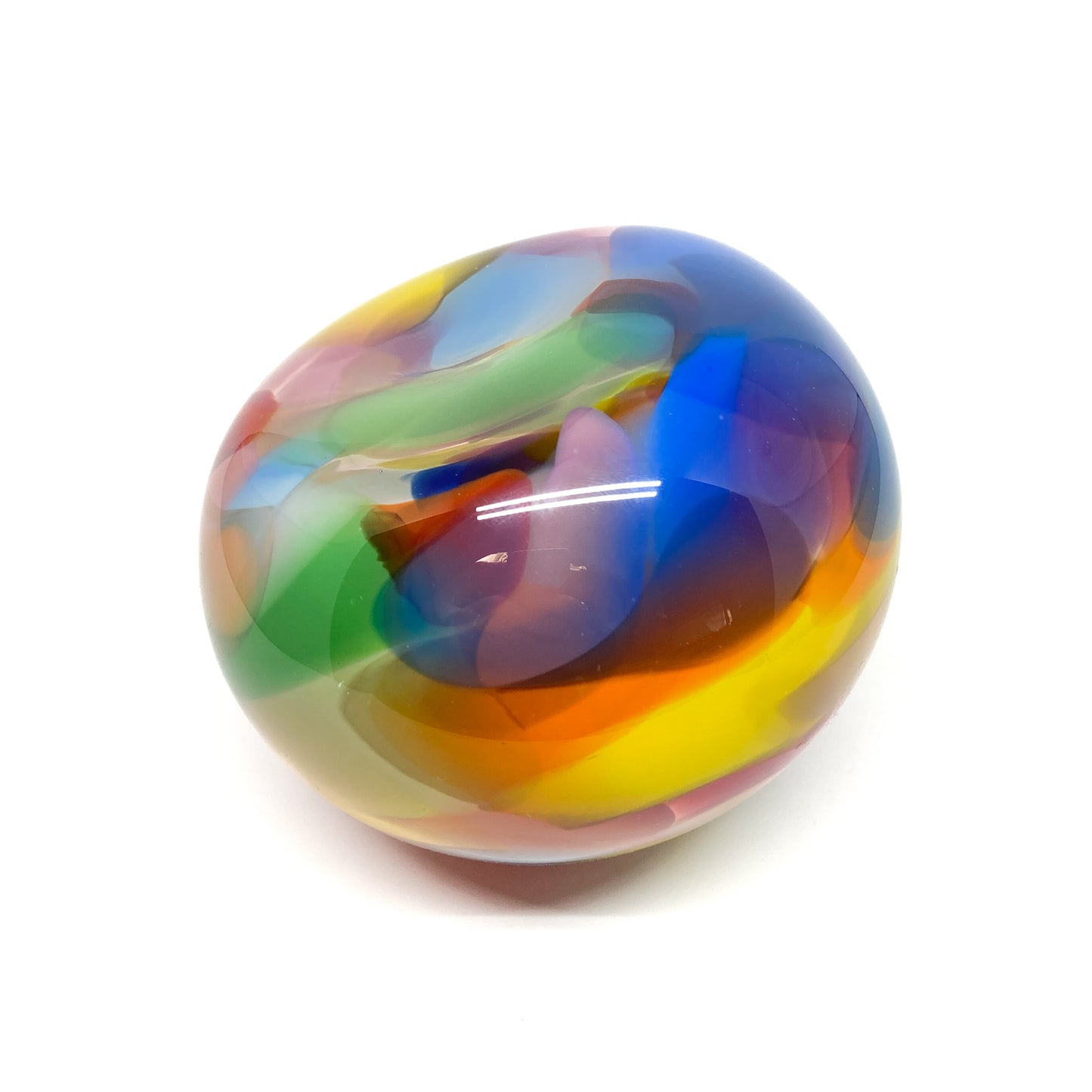 Angled view of the Rainbow Watercolour Round Vase showing its curved form and rich color.