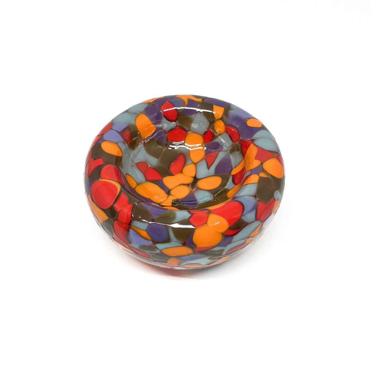 Top view of red-multicolor Blotched Nest Bowl with rich blotched mosaic surface.