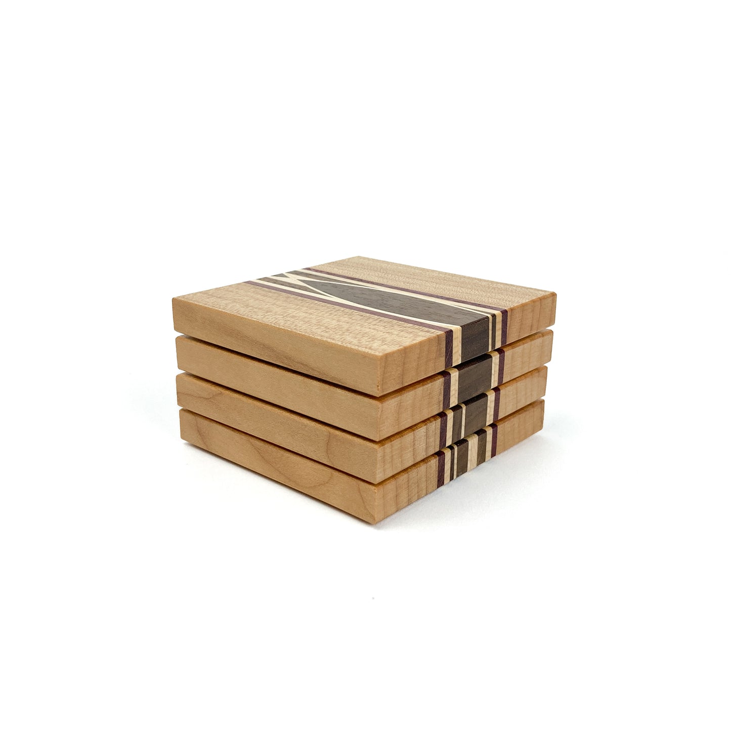 Stack of four light wood coasters with a central inlay of various wood tones and purple accents.