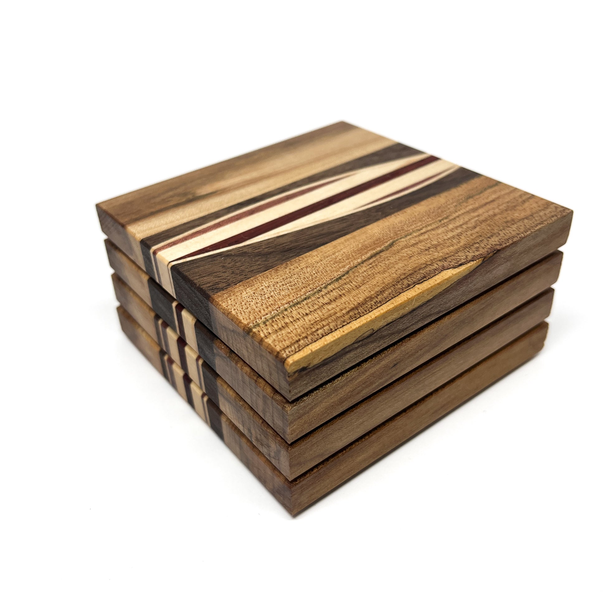 Stack of four varied wood coasters with a central inlay of stripes in multiple wood tones.