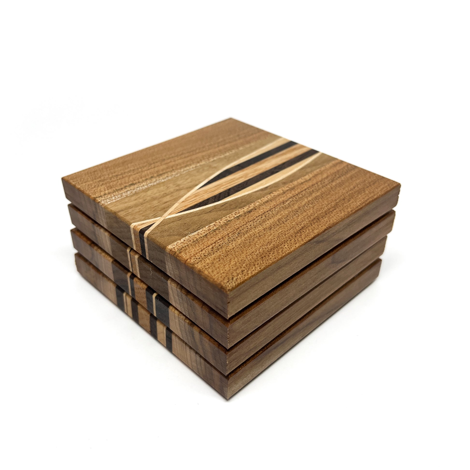 Stack of four varied wood coasters with a central inlay of stripes in multiple wood tones.
