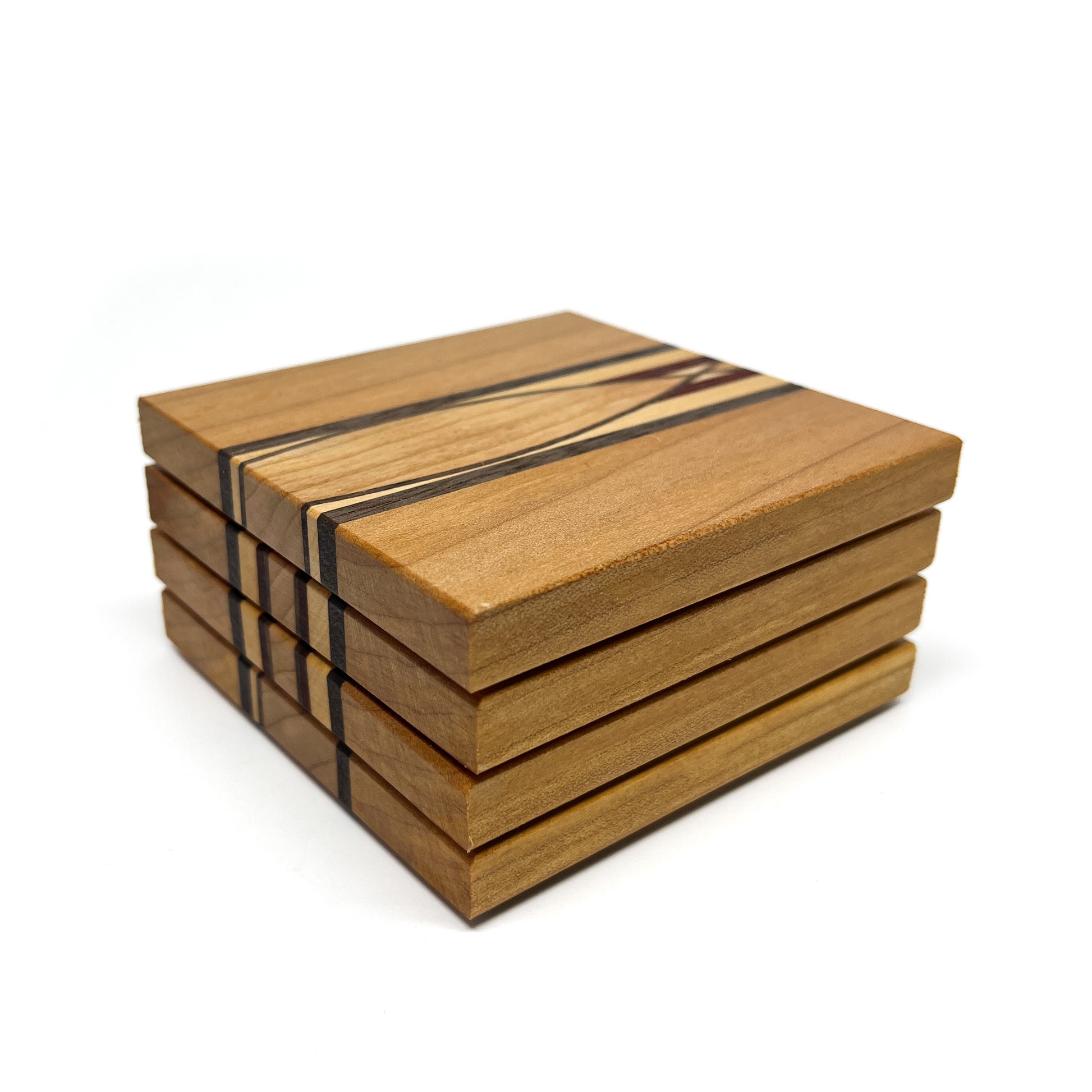 Stack of five medium-toned wood coasters with dark, thin horizontal inlaid stripes.