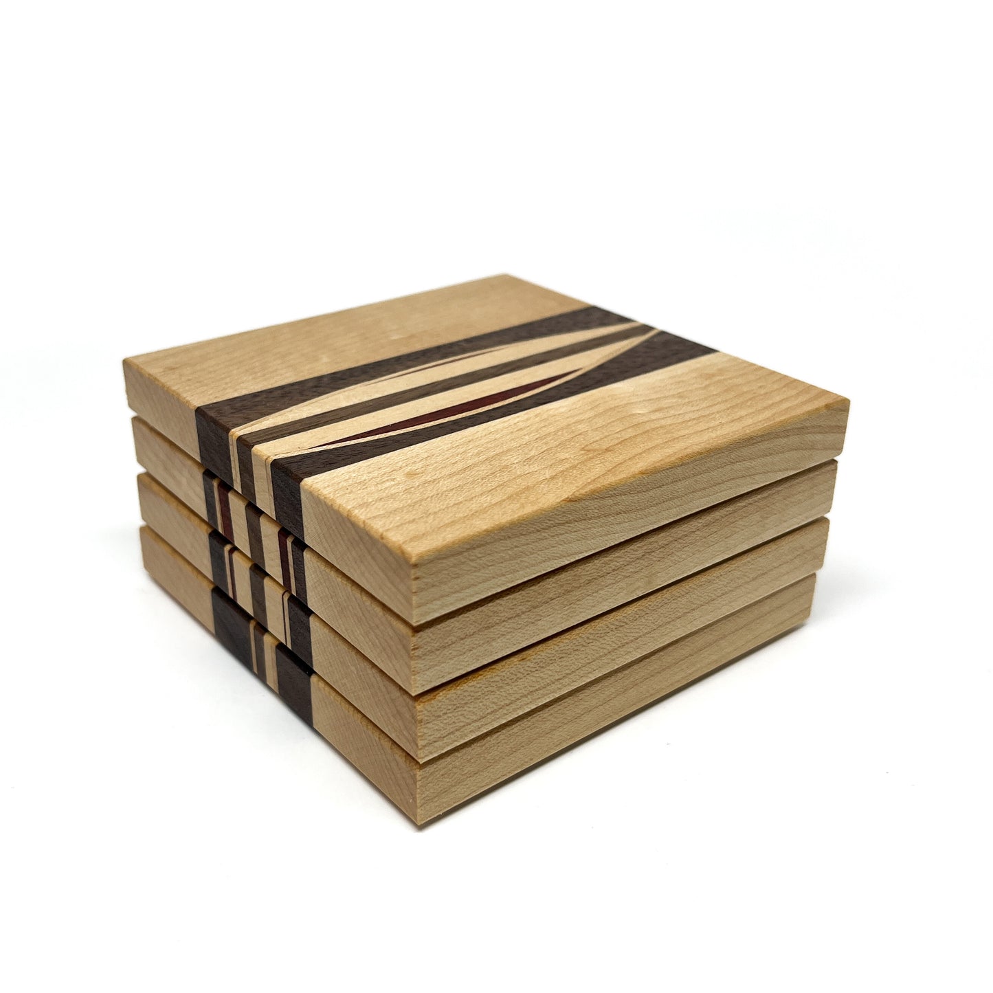Stack of five light wood coasters with a central, varied wood inlay including dark and purple tones.