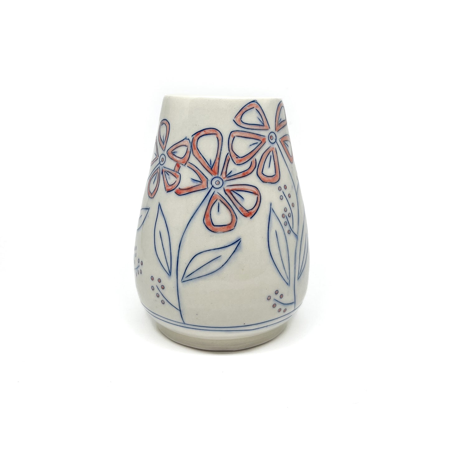 A white ceramic vase with a flared shape features hand-painted blue floral outlines with reddish-orange petal details and a light green inner glaze.