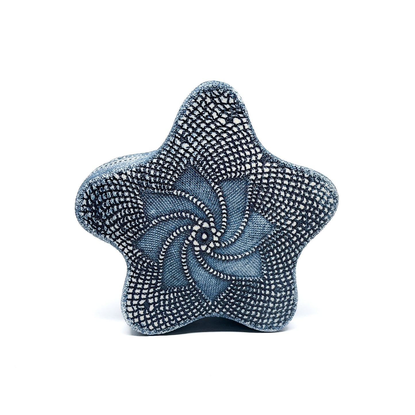 Blue Oxide Diatom Star Sculpture featuring a complex, swirling design and a distinct five-pointed star form.