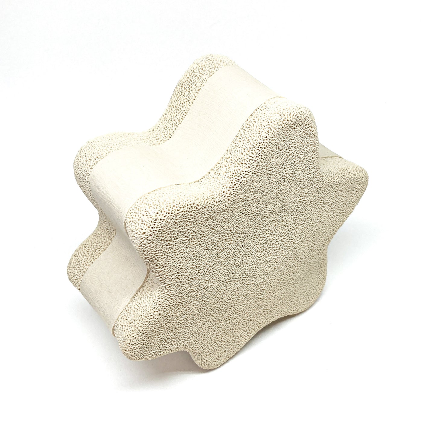 Angled view of a star-shaped Triceatium Sculpture showing its porous texture and form.