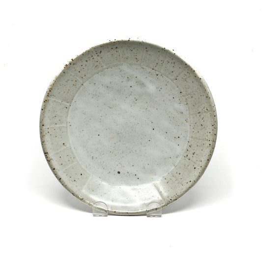 Overhead view of a speckled light-toned ceramic plate with subtle concentric rings, displayed on clear stands.