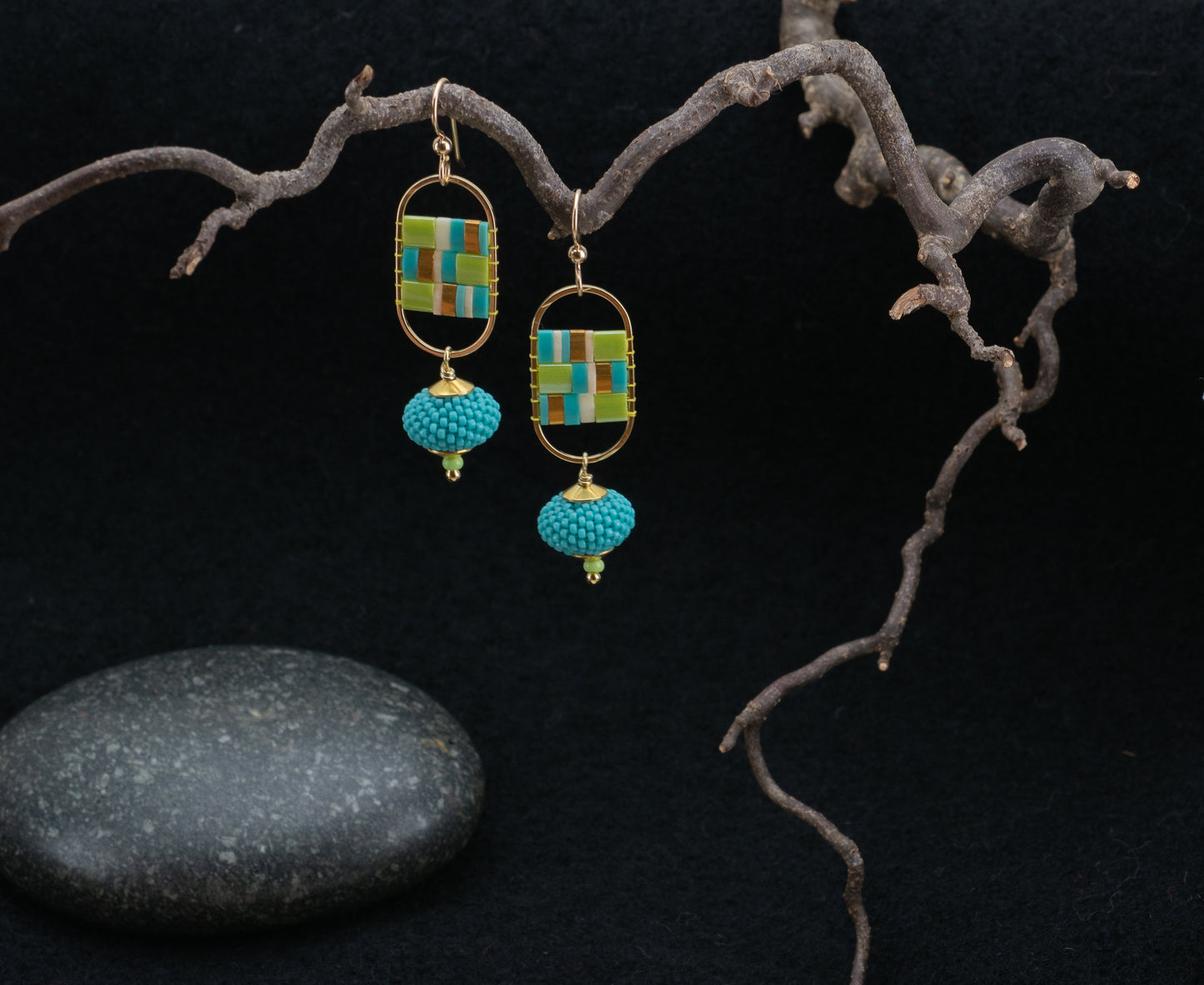 Mosaic in Chartreuse and Turquoise Earrings