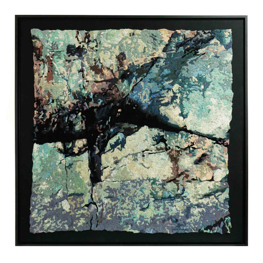 A square thread painting with a stone-like texture, showcasing intricate stitching and colorful thread.