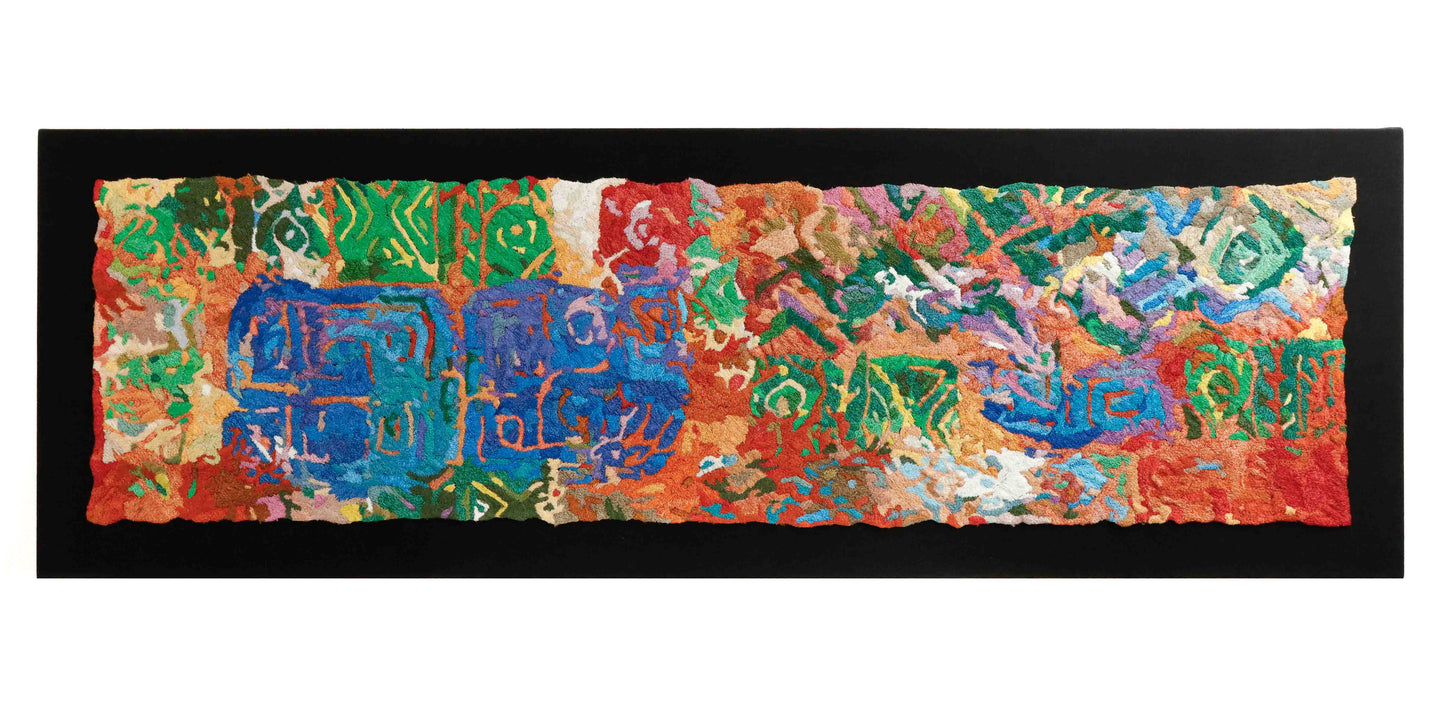 A wide, rectangular thread tapestry with abstract patterns, showcasing intricate stitching and colorful thread.