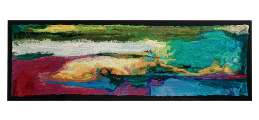 A wide, rectangular thread tapestry with an abstract landscape design, showcasing intricate stitching and colorful thread.