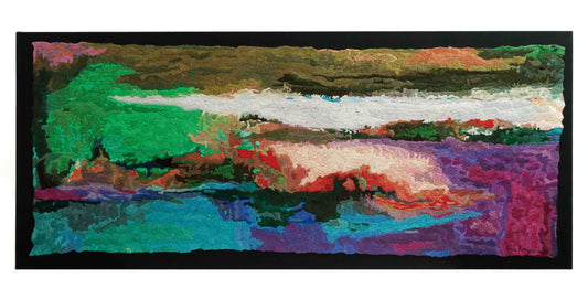 A wide, rectangular thread tapestry with an abstract landscape, showcasing intricate stitching and colorful thread.