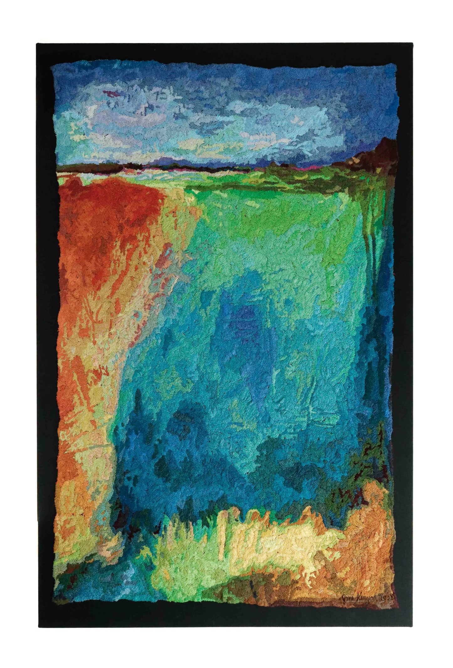 A thread tapestry with an abstract landscape, showcasing intricate stitching and colorful thread.