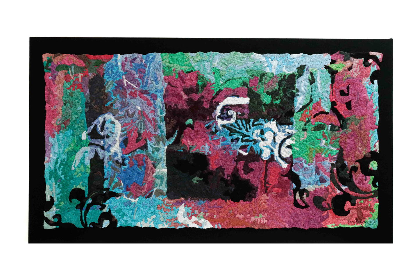 A wide, rectangular thread tapestry with abstract patterns, showcasing intricate stitching and colorful thread.