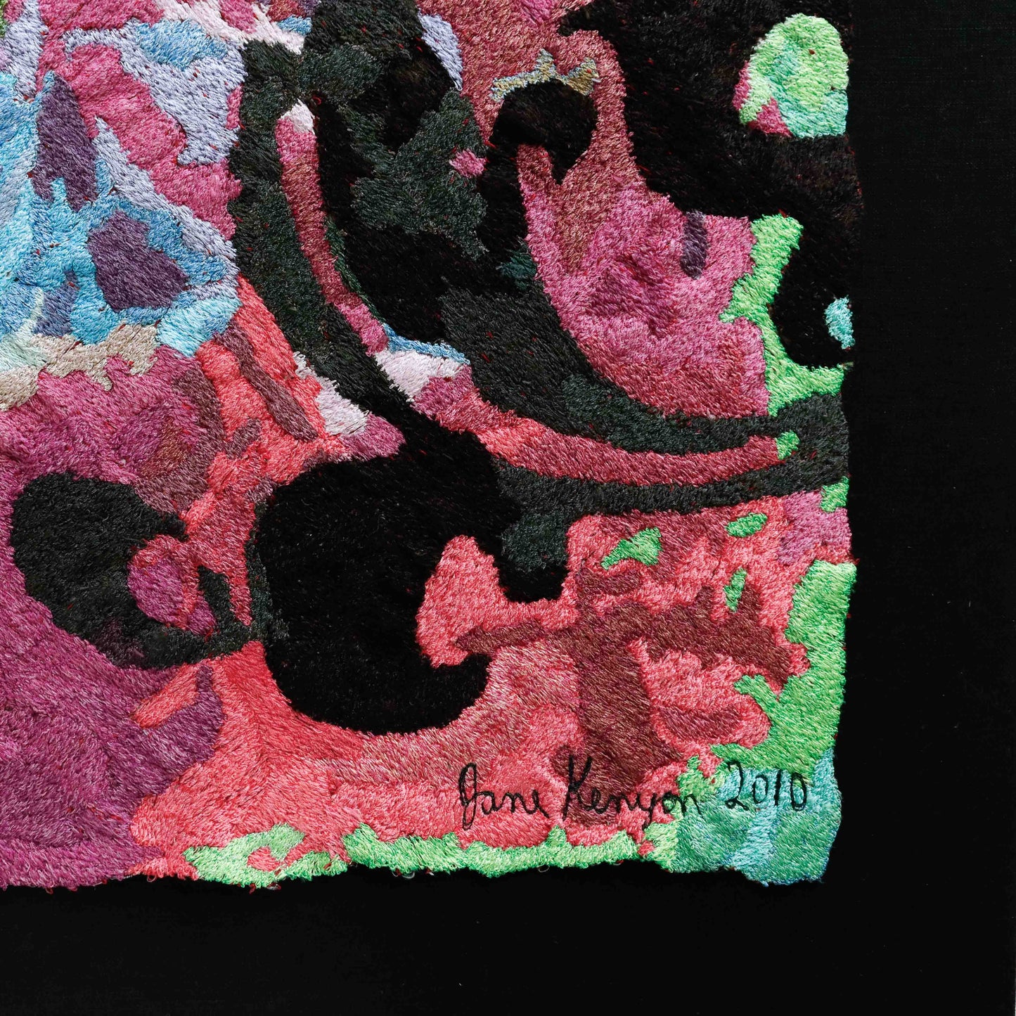 A thread tapestry with a signature, showcasing intricate stitching and colorful thread. A beautiful thread painting by Jane Kenyon.