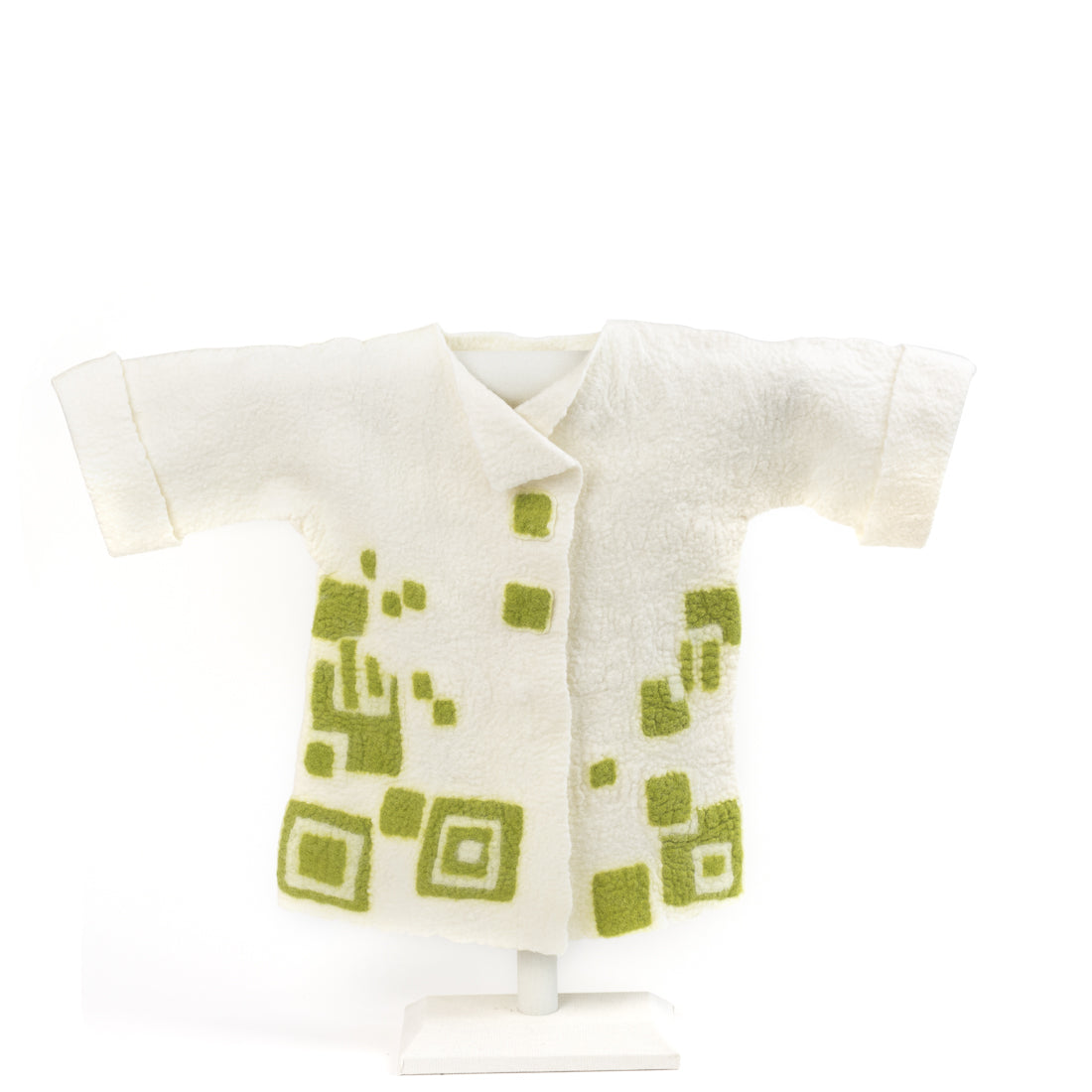 A baby jacket with short sleeves and green geometric patterns on the front.