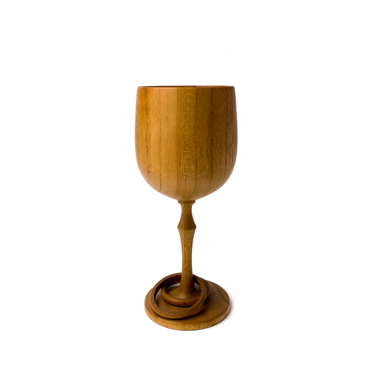 Wooden Wedding Goblet with rings on the base, side view.
