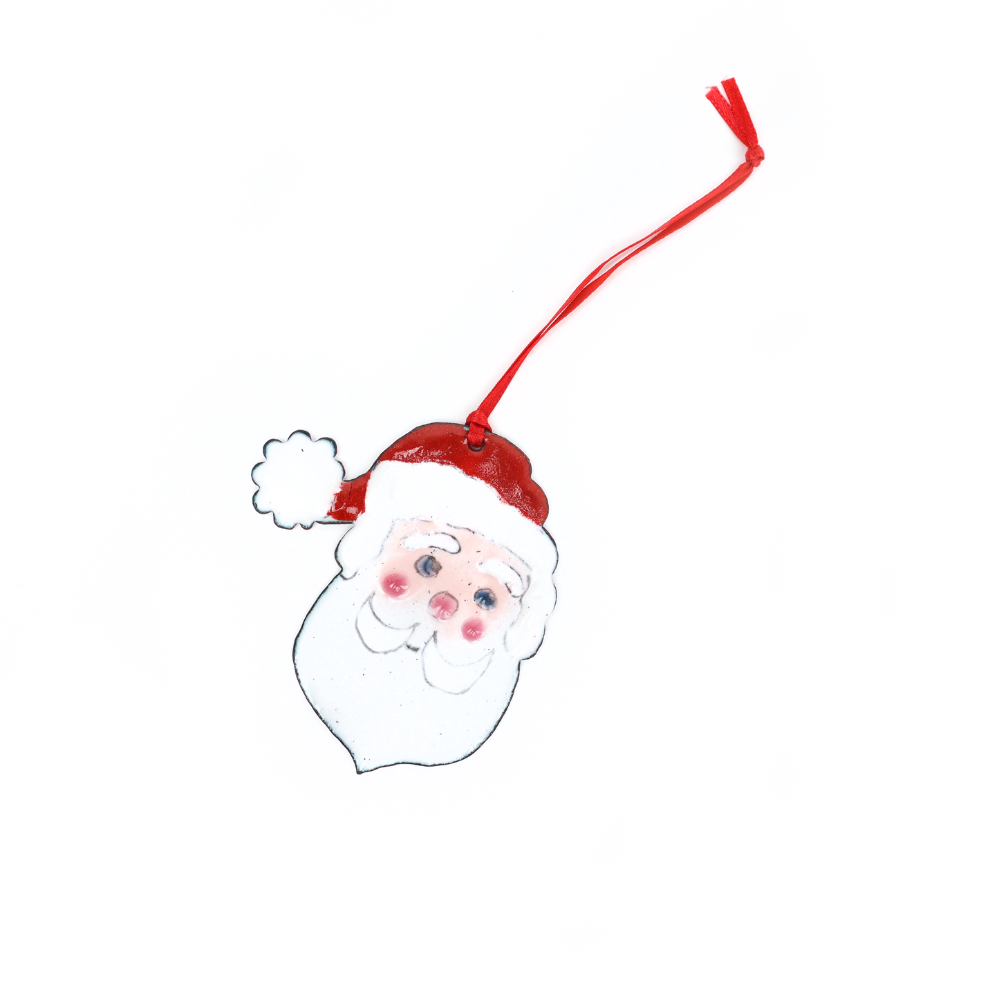 Handmade Santa Ornament showing a smiling face with red cheeks, white beard, and classic red hat.