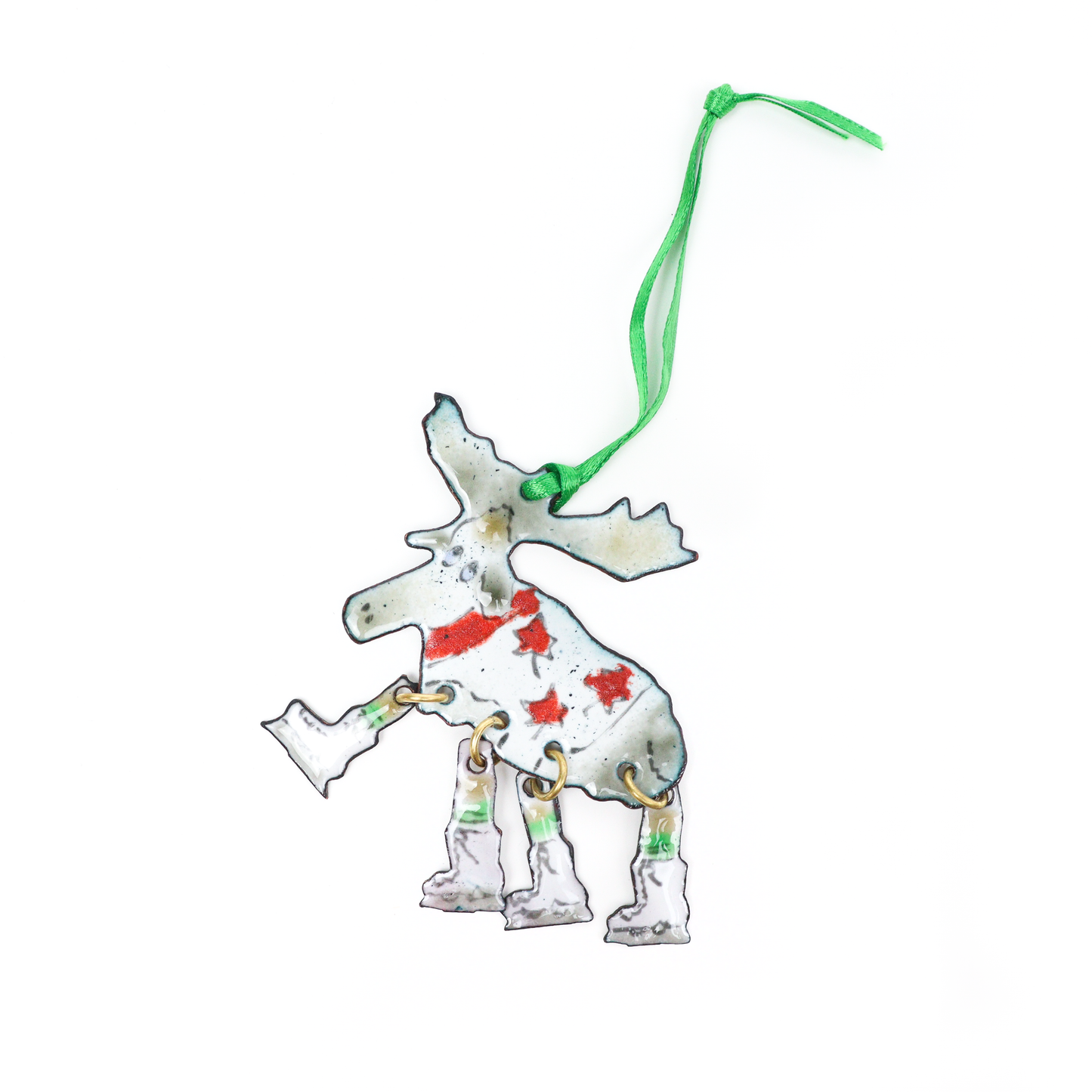 Skating Moose Ornament with red stars on its body and movable legs wearing skates, hanging from a ribbon.