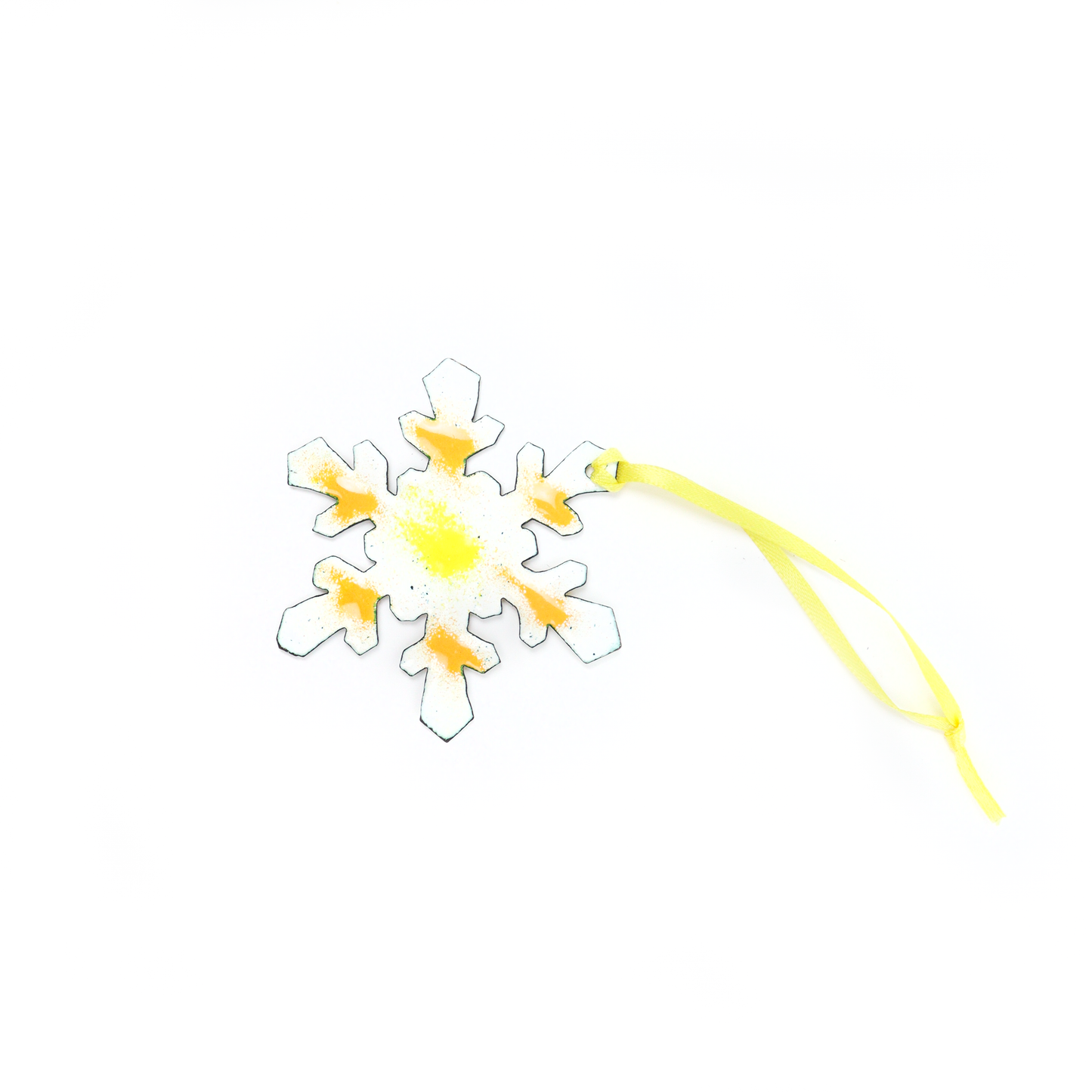 Handmade Snowflake Ornament featuring yellow and orange details with attached hanging ribbon.