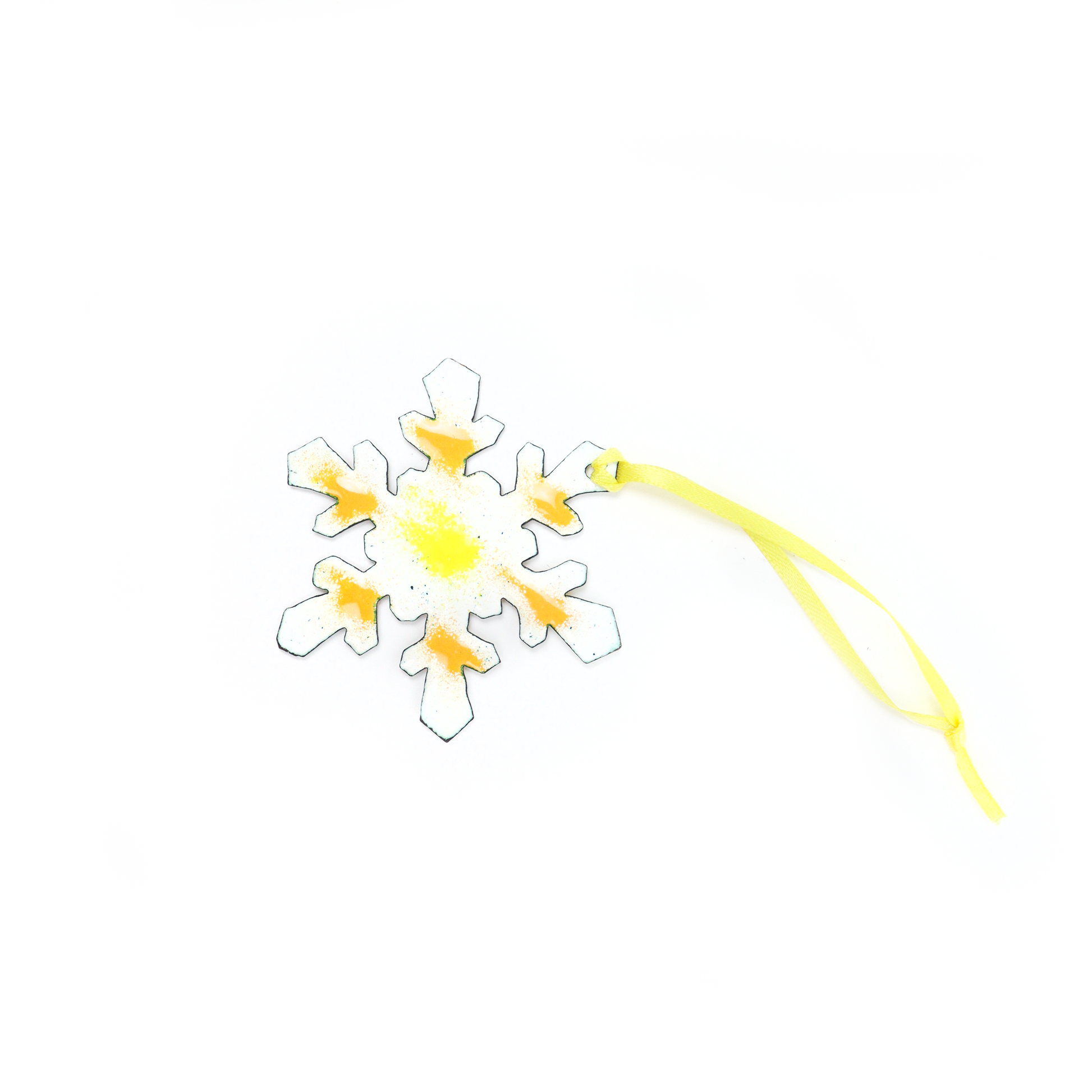 Handmade Snowflake Ornament featuring yellow and orange details with attached hanging ribbon.