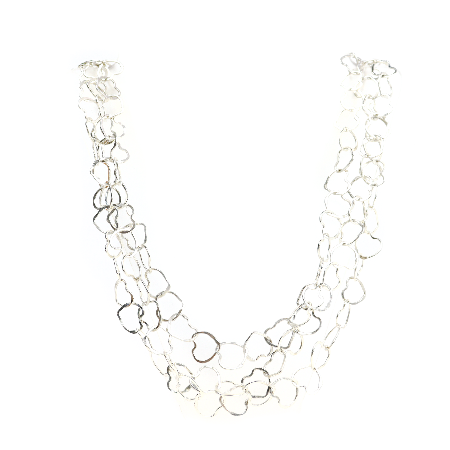 Full view of Heart Necklace with interconnected silver heart-shaped links forming a cascading pattern.