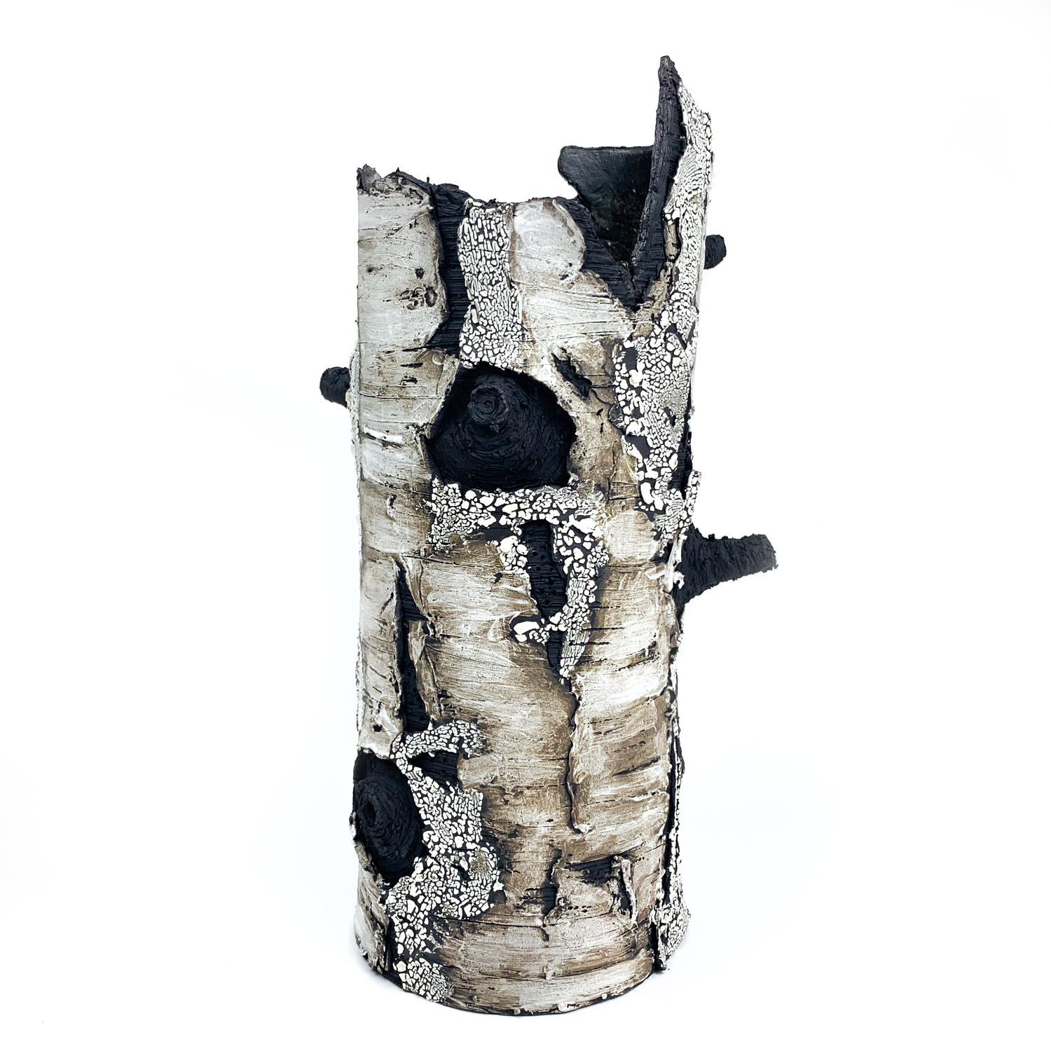 A birch bark textured vase with protruding black branches and a unique, organic shape.