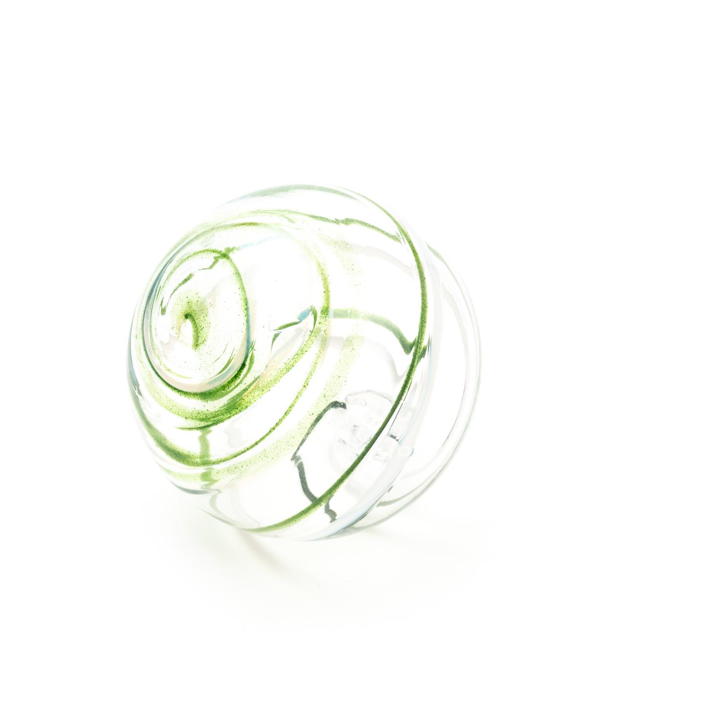 A round glass swirl ornament with green and subtle blue lines spiraling from the center outwards.