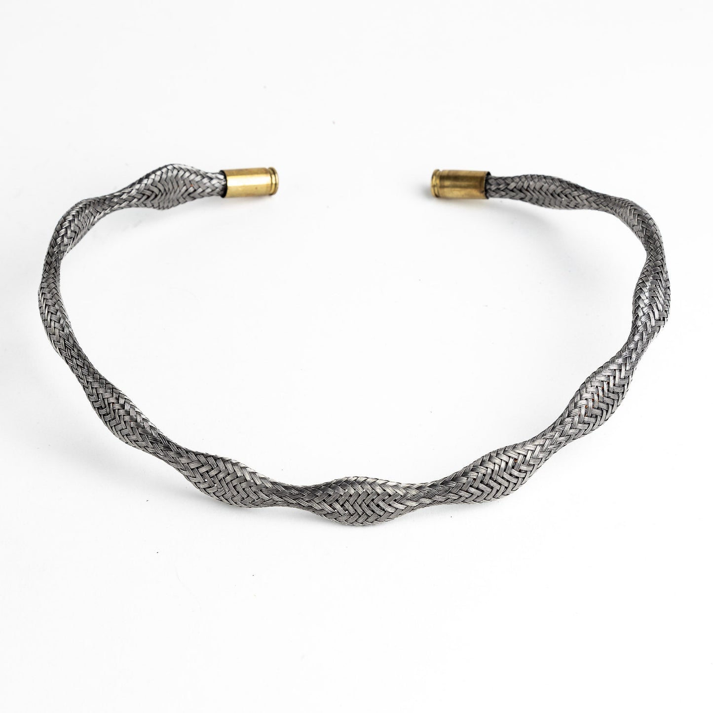 Curved stainless steel braided necklace with gold end caps.