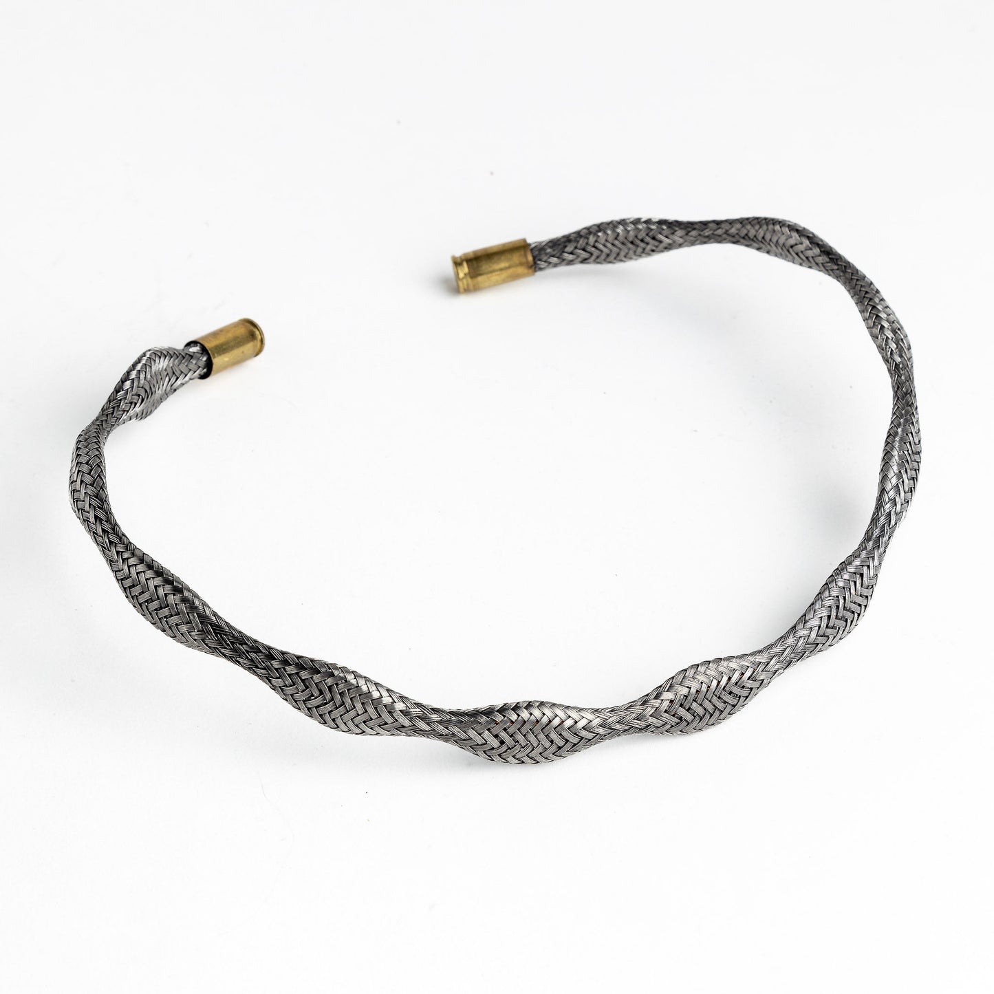 Curved stainless steel braided necklace with gold end caps.