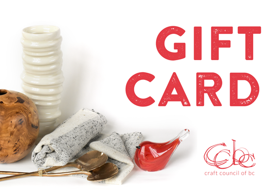 "GIFT CARD" text with pottery, spoons, cloth, and a red glass bird, plus the Craft Council of BC logo.