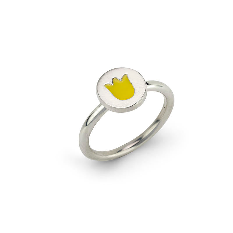Silver ring with a round, white setting featuring a simple yellow tulip design.