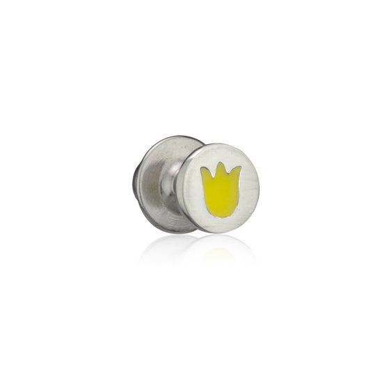 Silver-toned clutch pin with a round, white face featuring a simple yellow tulip shape.