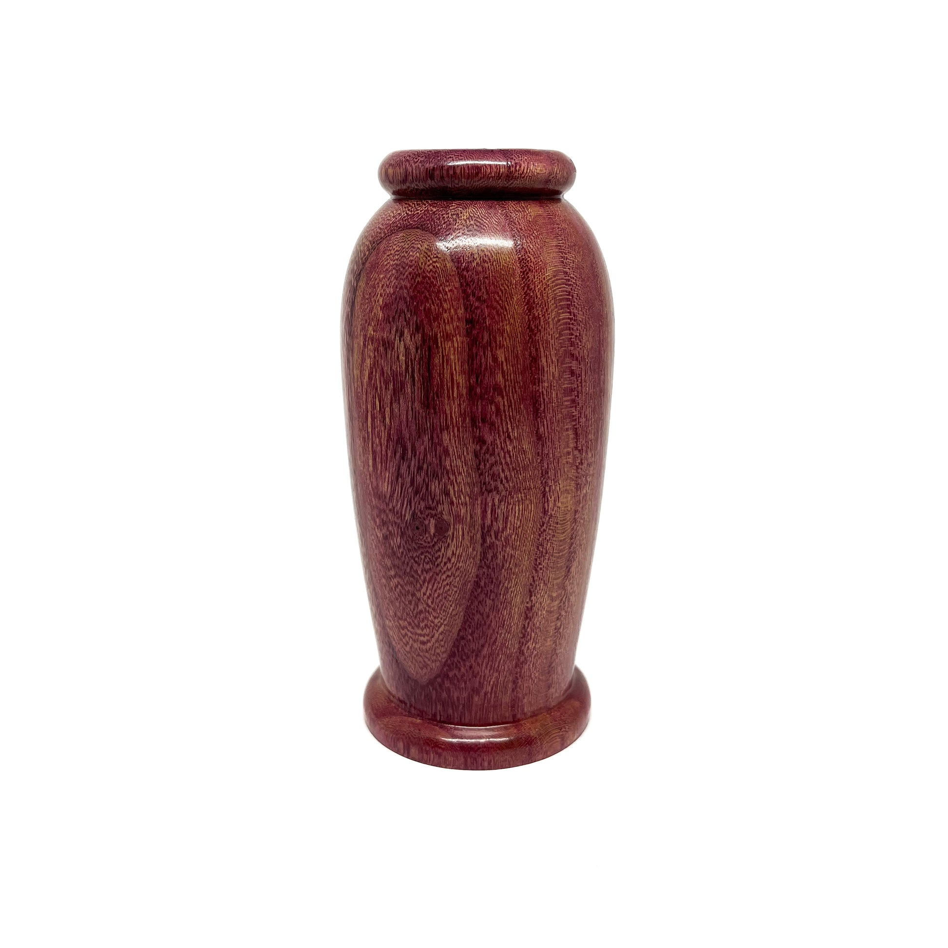 Small, polished wooden urn with a rich, reddish-purple hue and subtle vertical wood grain.