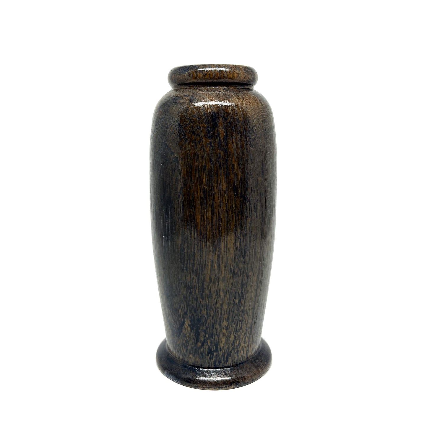 Small, polished wooden urn with a dark brown finish and subtle vertical grain.